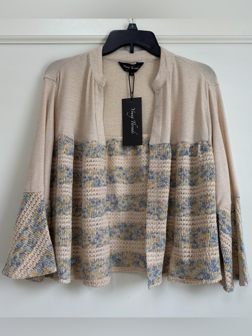 Young Threads Knit Crochet Crop Cardigan S M Grain Bell Sleeve Open Front NWT